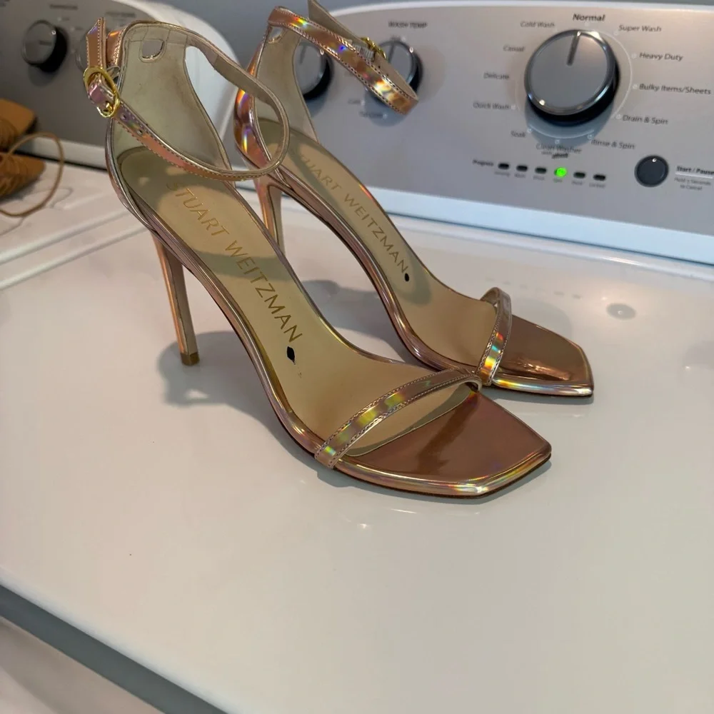 Stuart Weitzman Nudistcurve 100 Ankle Strap Heel Rose Gold Metallic Hologram